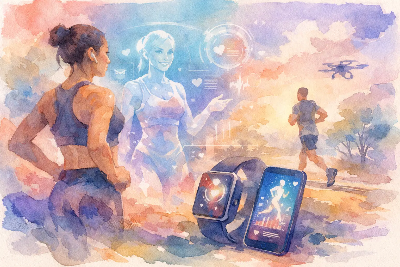 Watercolor illustration of an AI fitness coach guiding a runner with smartwatch and phone
