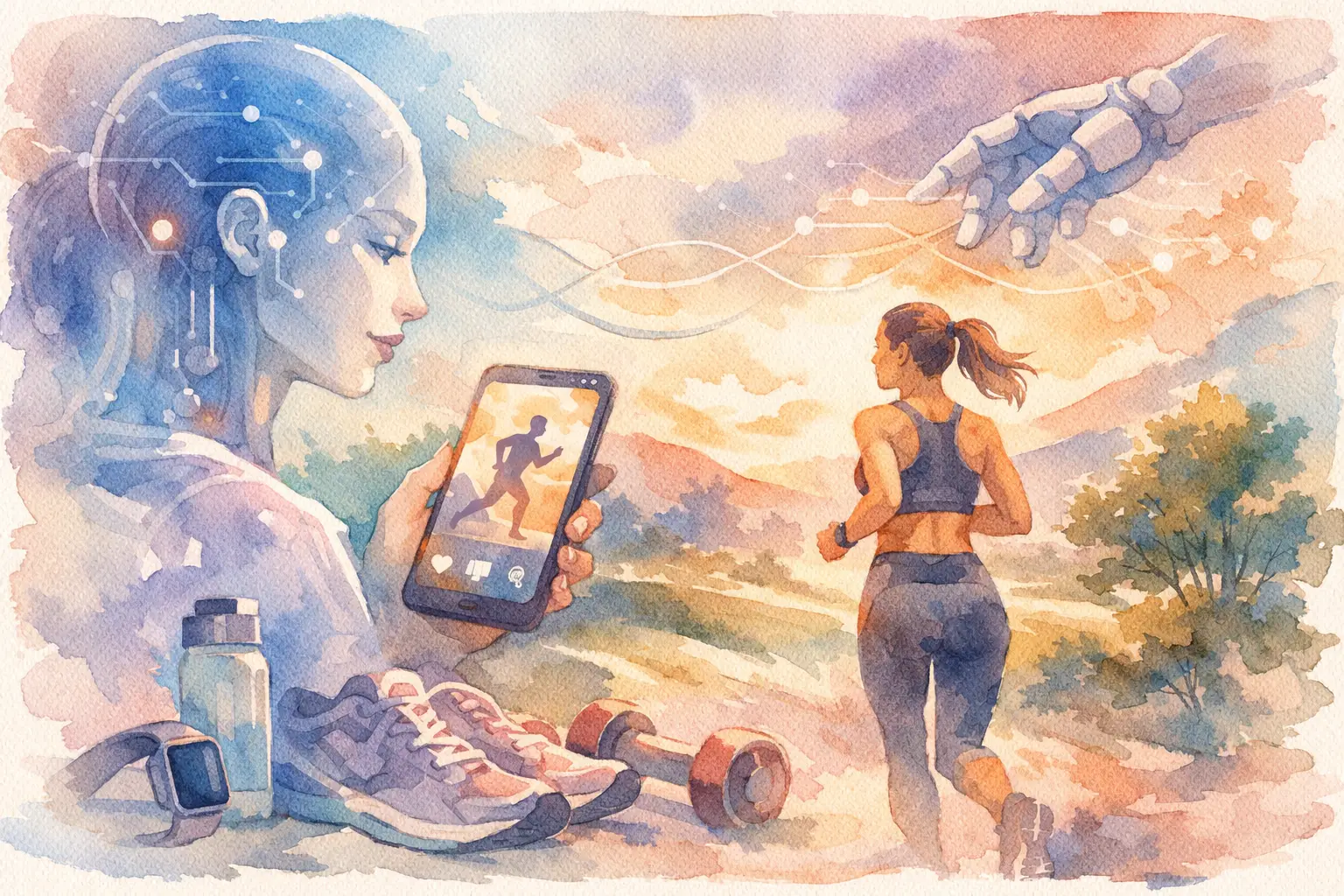 Watercolor illustration of an AI fitness coach guiding a runner outdoors