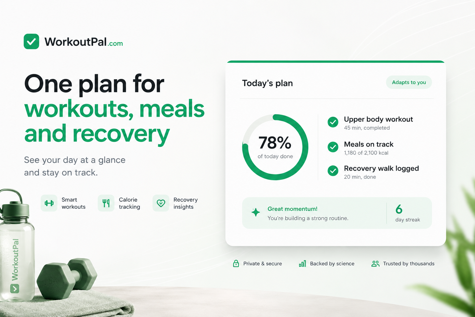 All-in-one fitness app dashboard showing workouts meals and recovery