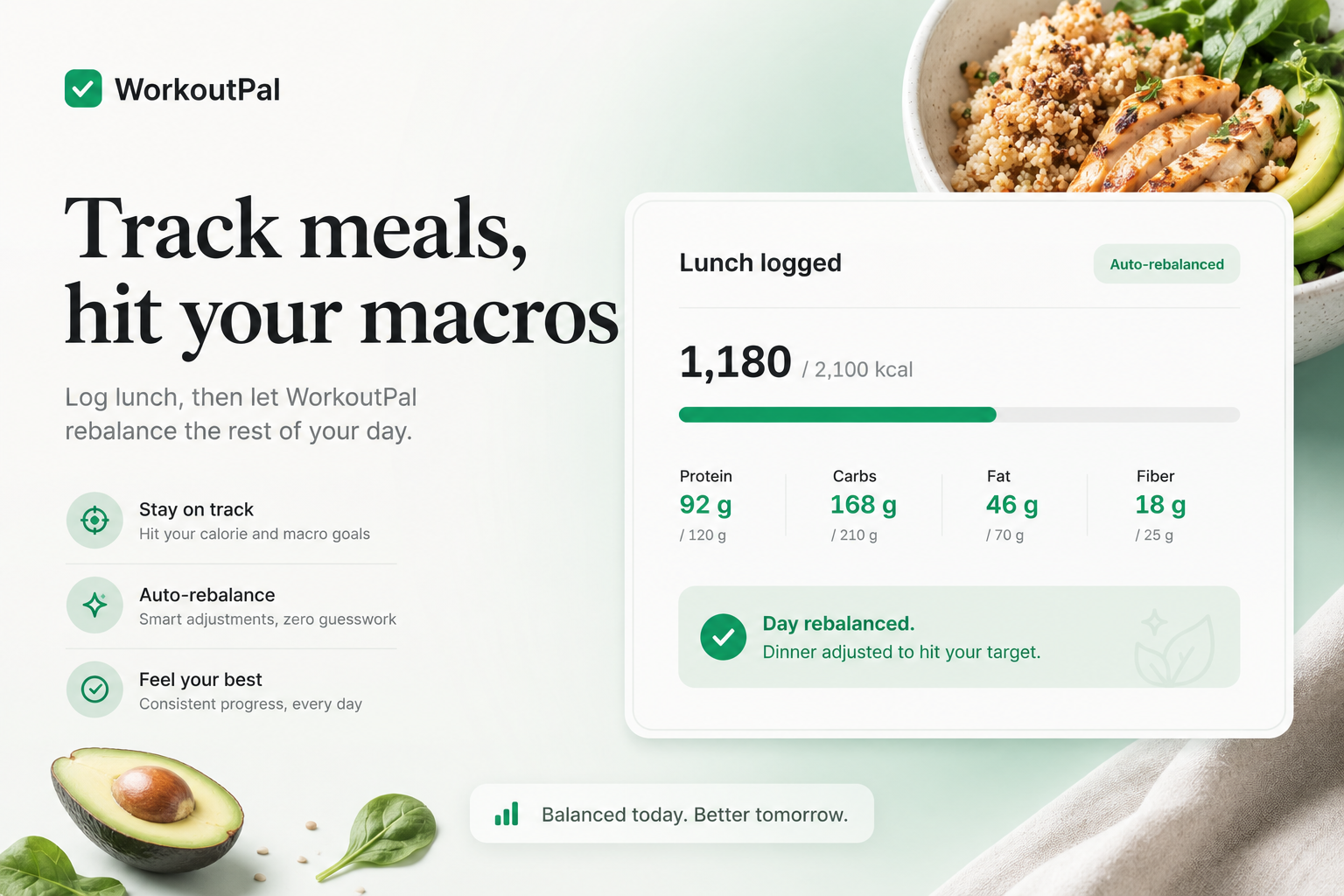 Meal tracking app showing macros and calorie balance