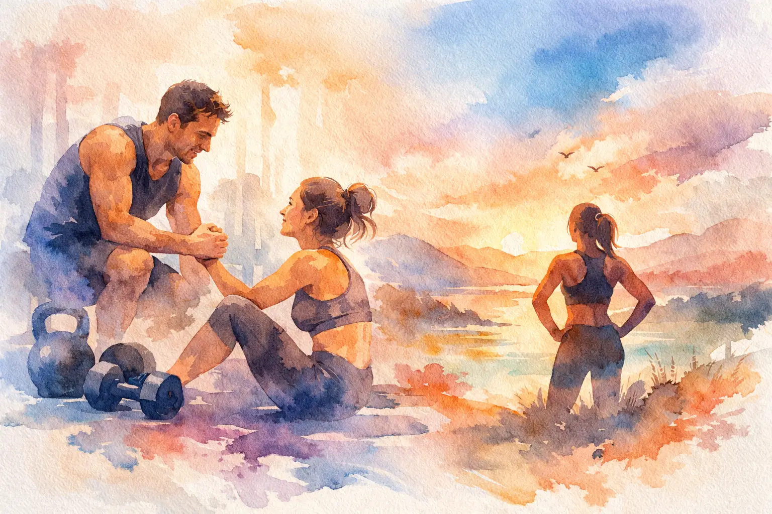 Watercolor illustration of a fitness coach guiding a person through a workout