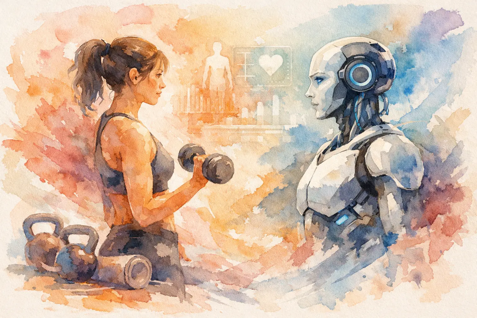 Watercolor illustration of a woman lifting a dumbbell facing an AI robot coach